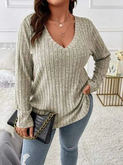 Plus Size V-Neck Long Sleeve T-Shirt Sage Women's T-Shirts - Tophatter Daily Deals